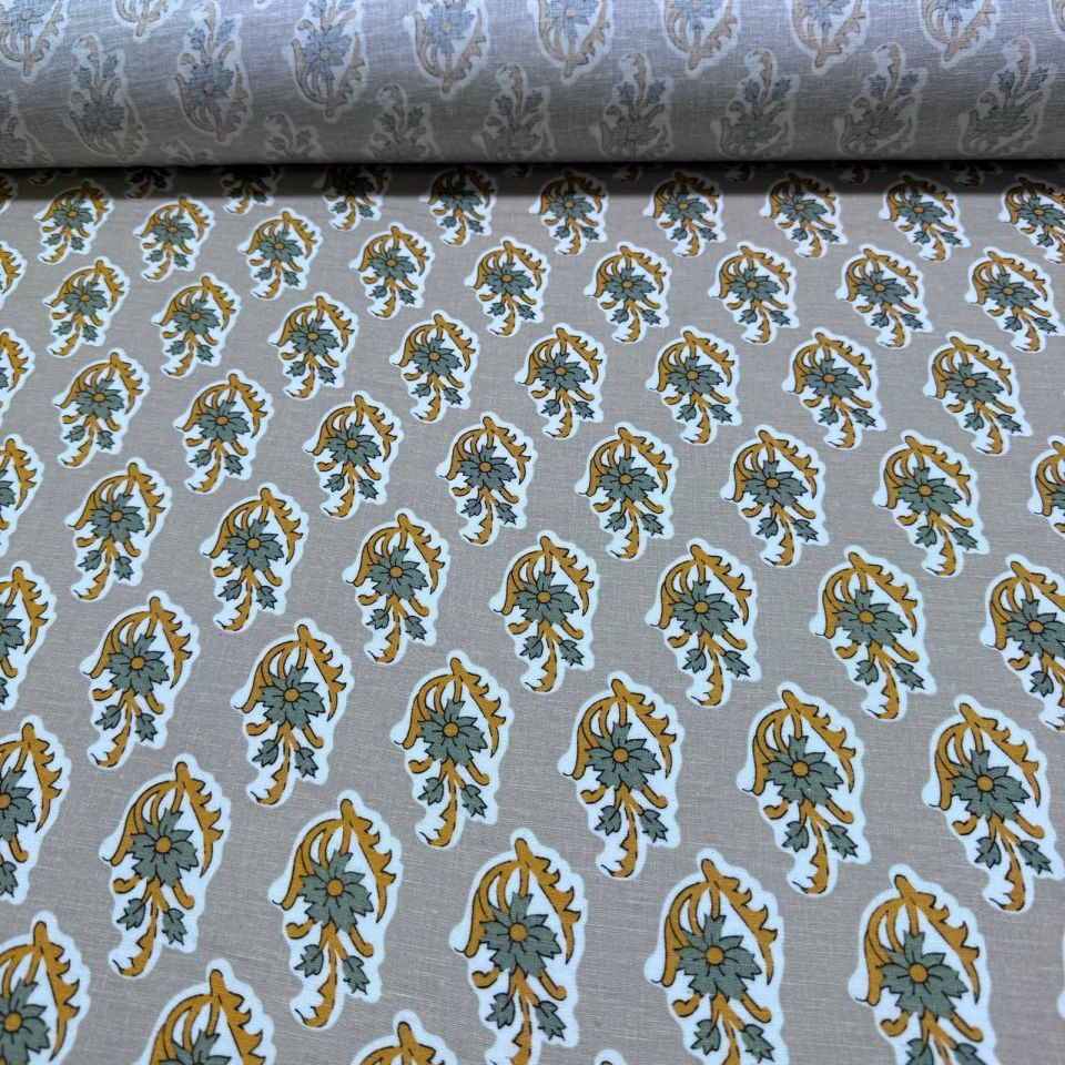 Flam Keten Kumaş %100 Pamuk Çift En Haki Turuncu Çiçek Desenli