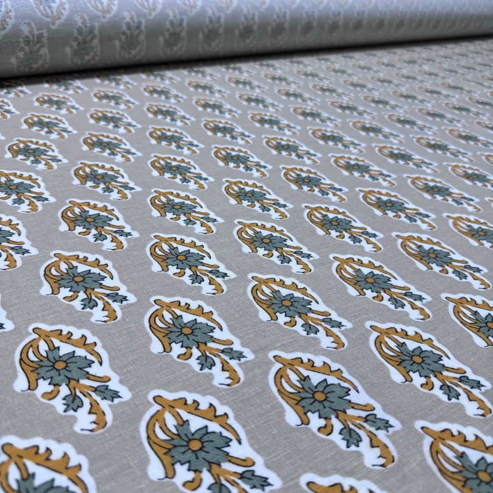 Flam Keten Kumaş %100 Pamuk Çift En Haki Turuncu Çiçek Desenli