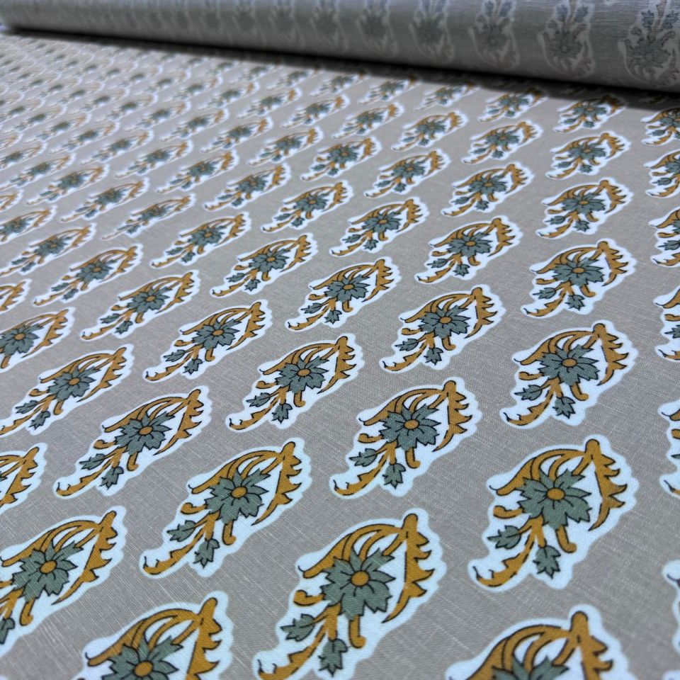 Flam Keten Kumaş %100 Pamuk Çift En Haki Turuncu Çiçek Desenli