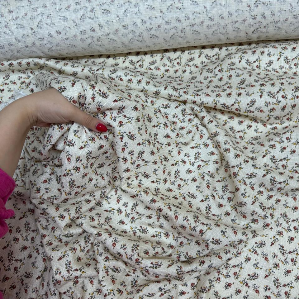 Dökümlü Keten Kumaş Çift En Empirme Çiçek Desenli