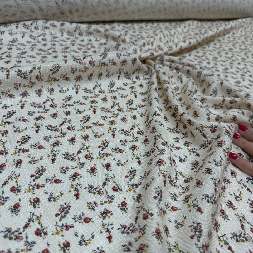 Dökümlü Keten Kumaş Çift En Empirme Çiçek Desenli