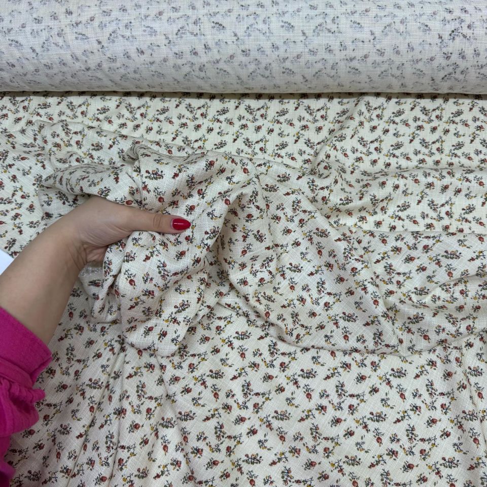 Dökümlü Keten Kumaş Çift En Empirme Çiçek Desenli