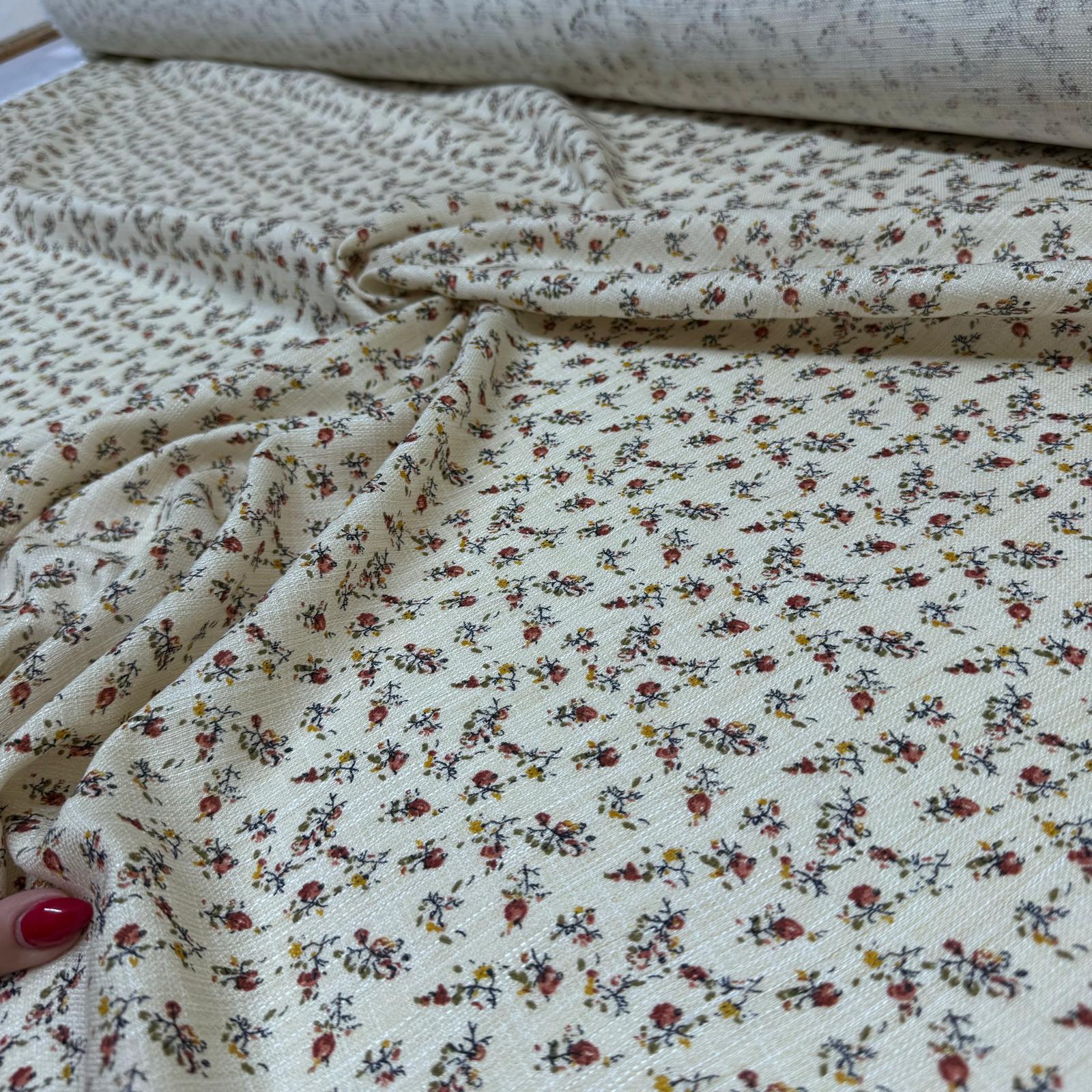 Dökümlü Keten Kumaş Çift En Empirme Çiçek Desenli