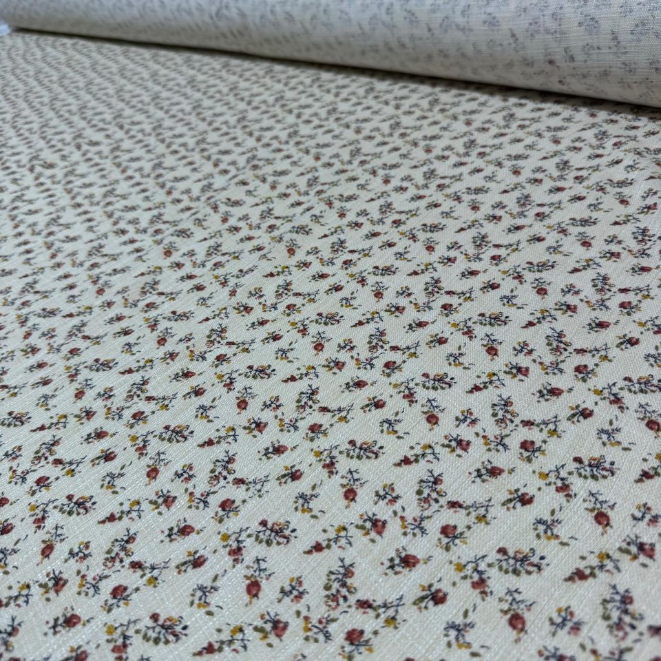 Dökümlü Keten Kumaş Çift En Empirme Çiçek Desenli