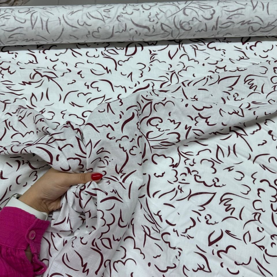 Flam Keten Kumaş %100 Pamuk Çift En Bordo Desenli