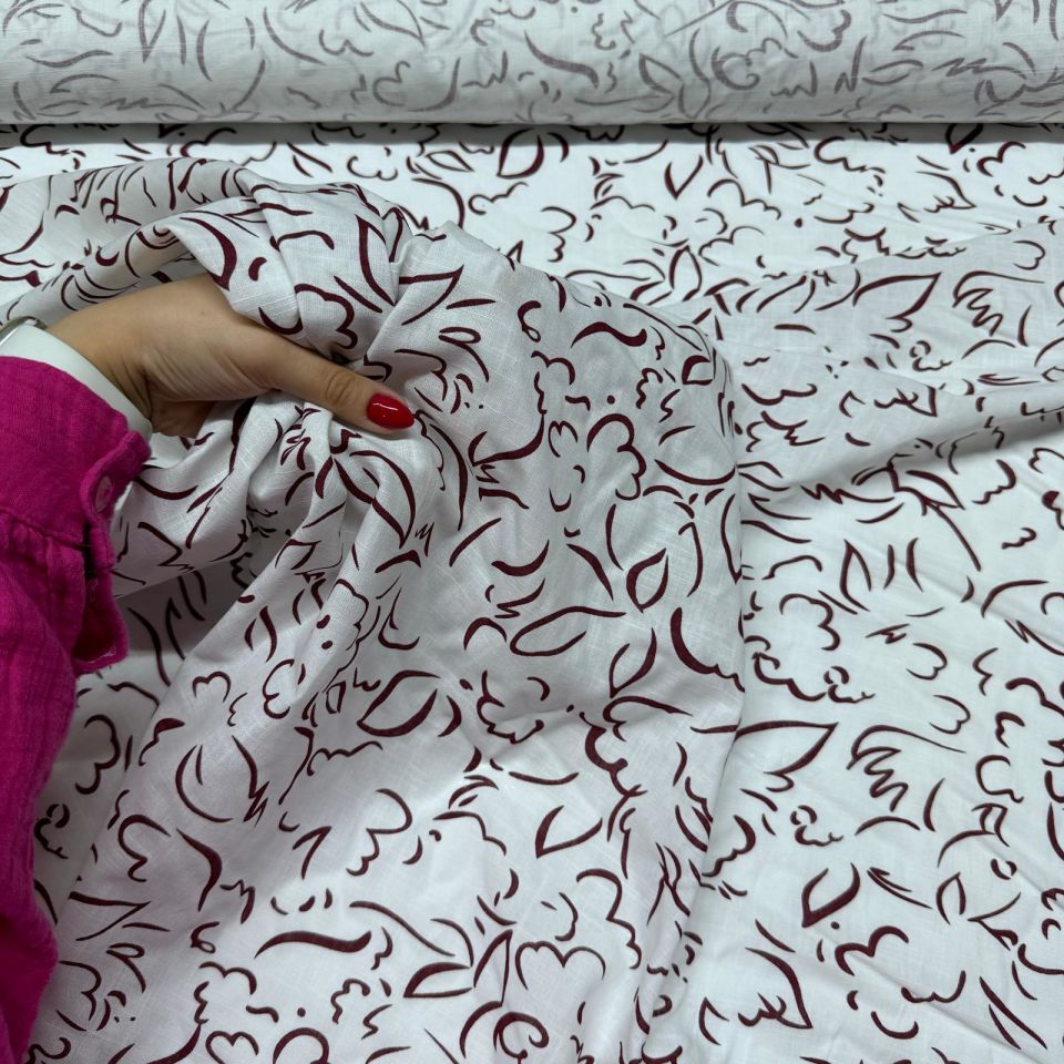 Flam Keten Kumaş %100 Pamuk Çift En Bordo Desenli