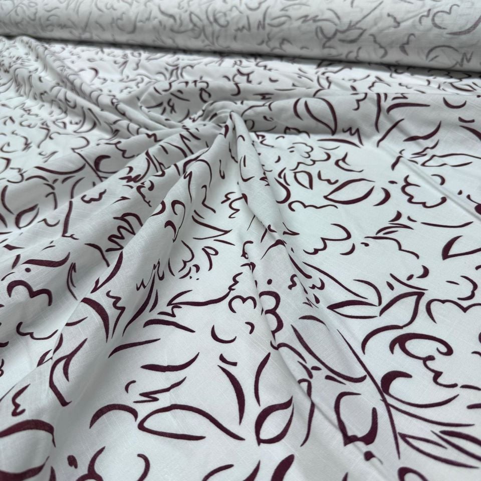 Flam Keten Kumaş %100 Pamuk Çift En Bordo Desenli