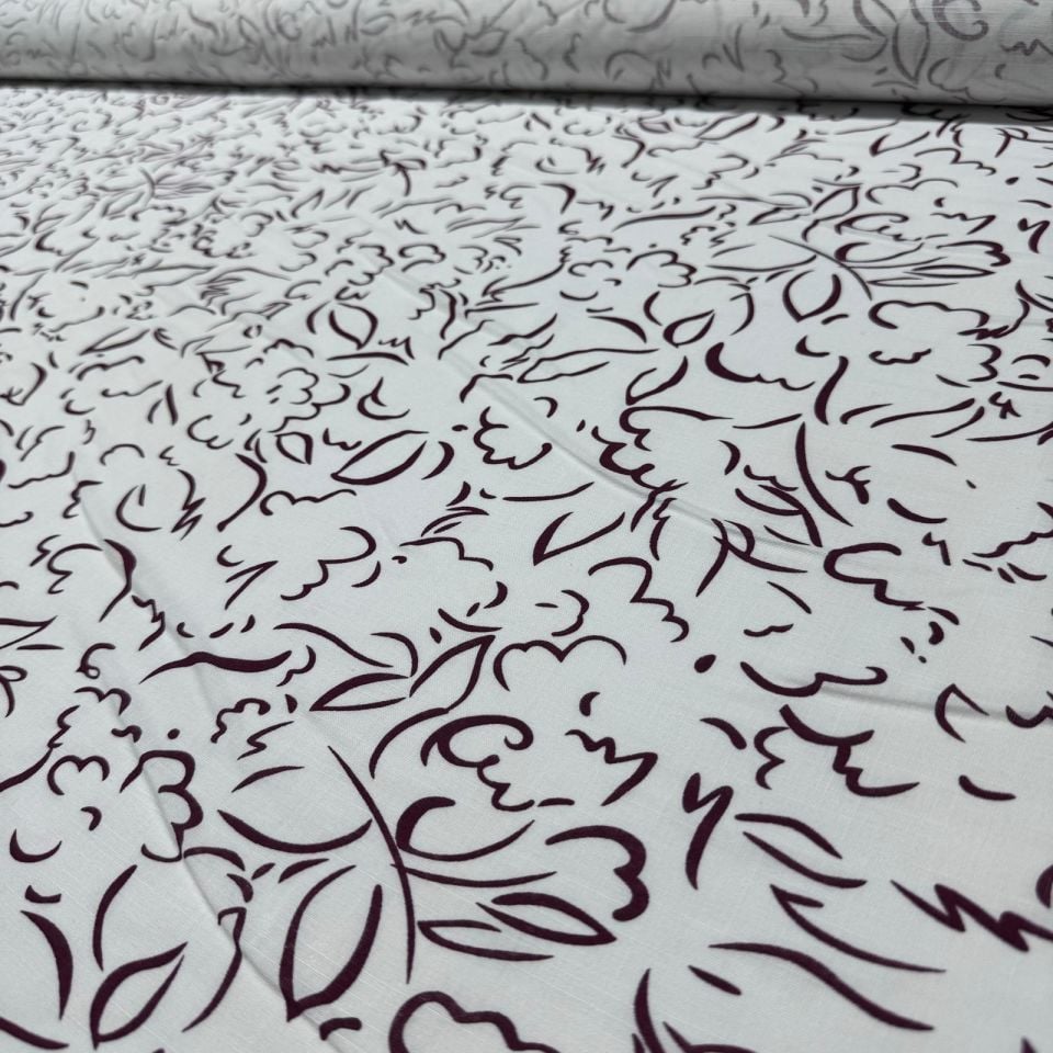 Flam Keten Kumaş %100 Pamuk Çift En Bordo Desenli