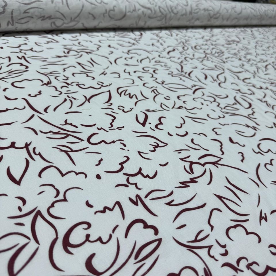 Flam Keten Kumaş %100 Pamuk Çift En Bordo Desenli