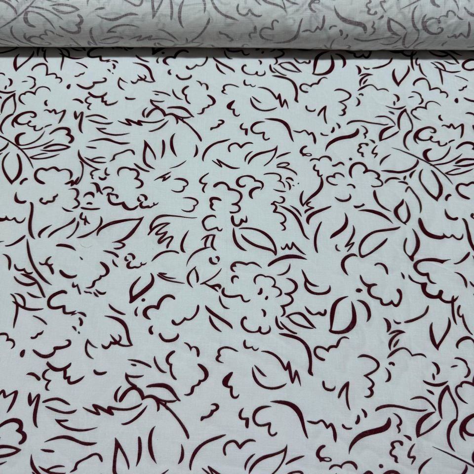 Flam Keten Kumaş %100 Pamuk Çift En Bordo Desenli