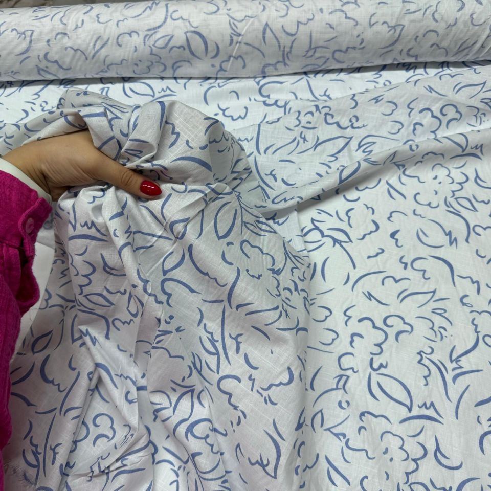 Flam Keten Kumaş %100 Pamuk Çift En Mavi Desenli