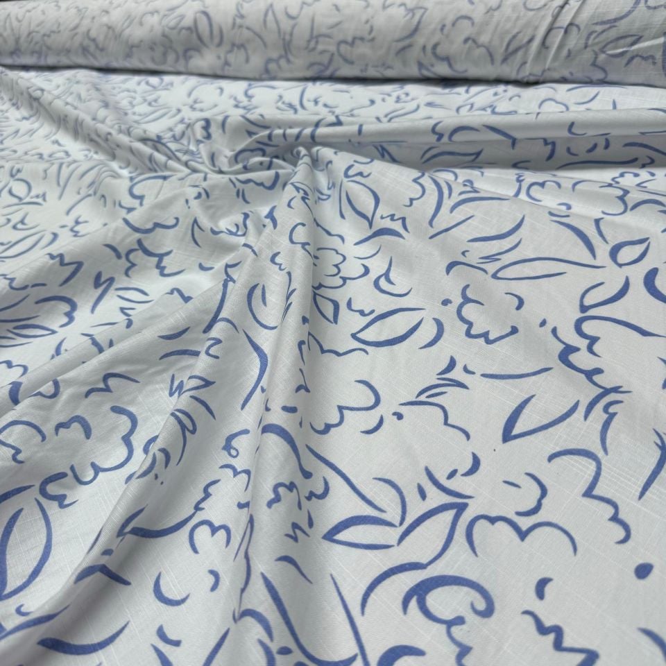 Flam Keten Kumaş %100 Pamuk Çift En Mavi Desenli