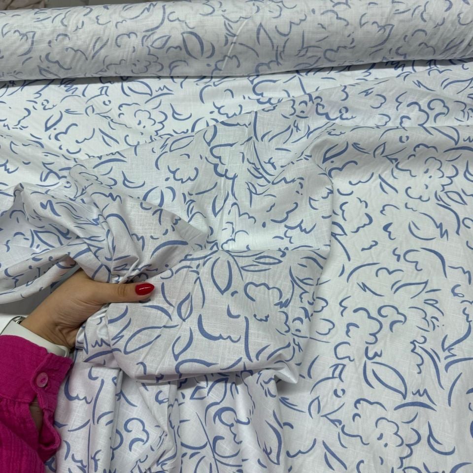 Flam Keten Kumaş %100 Pamuk Çift En Mavi Desenli