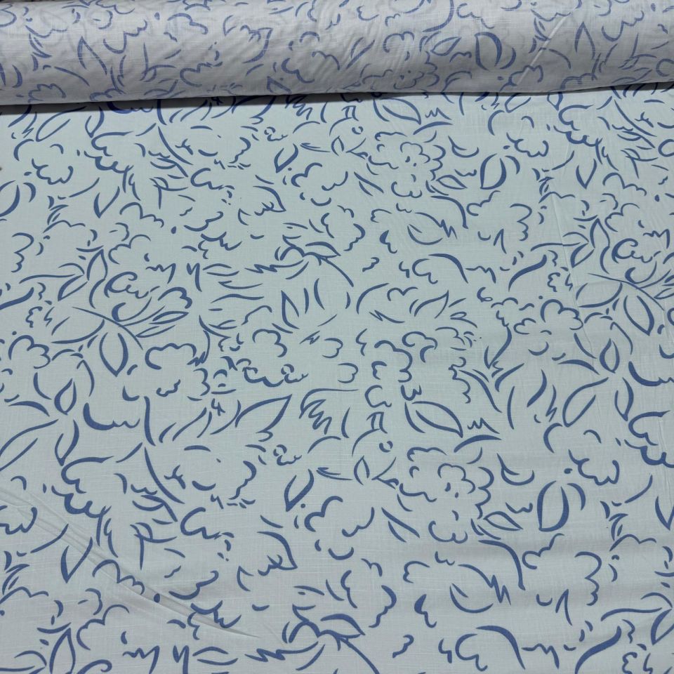 Flam Keten Kumaş %100 Pamuk Çift En Mavi Desenli