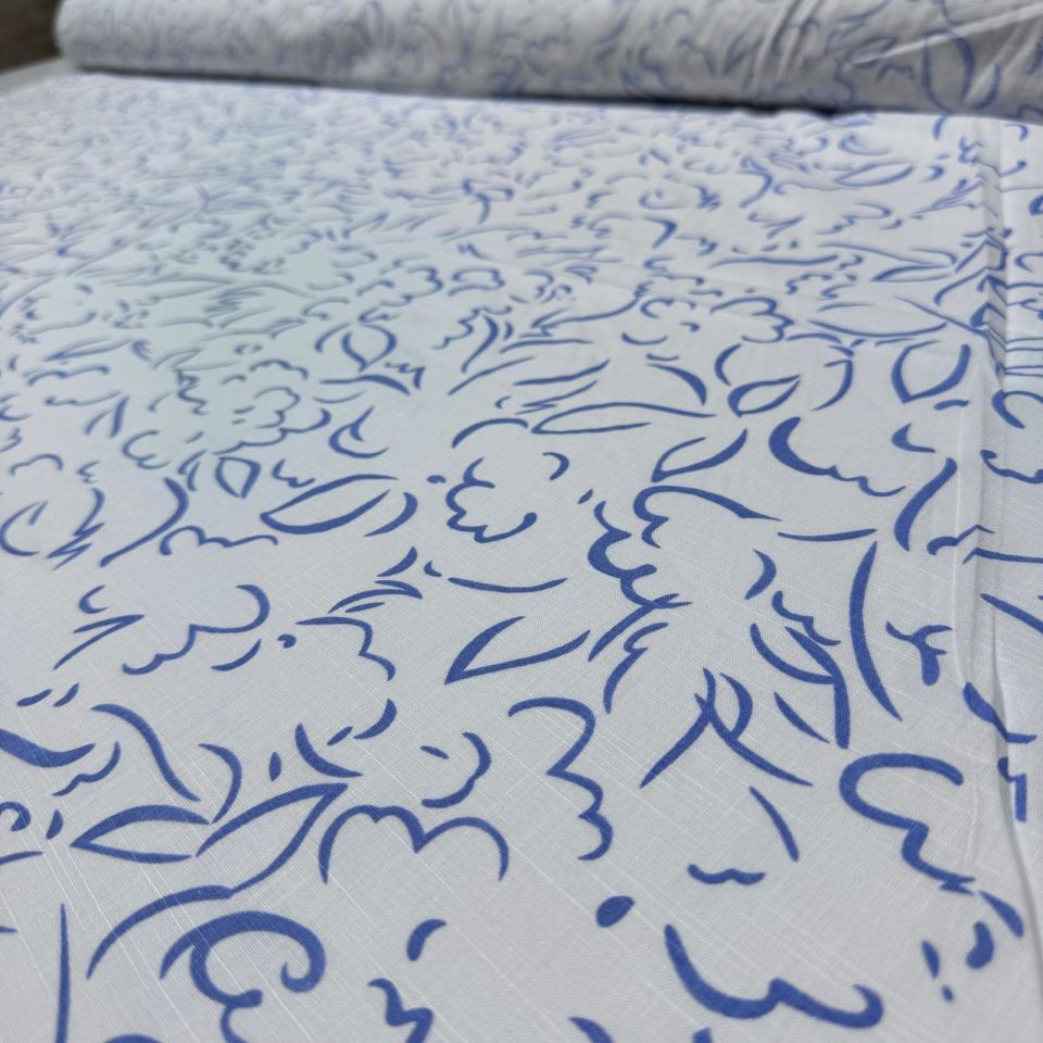 Flam Keten Kumaş %100 Pamuk Çift En Mavi Desenli
