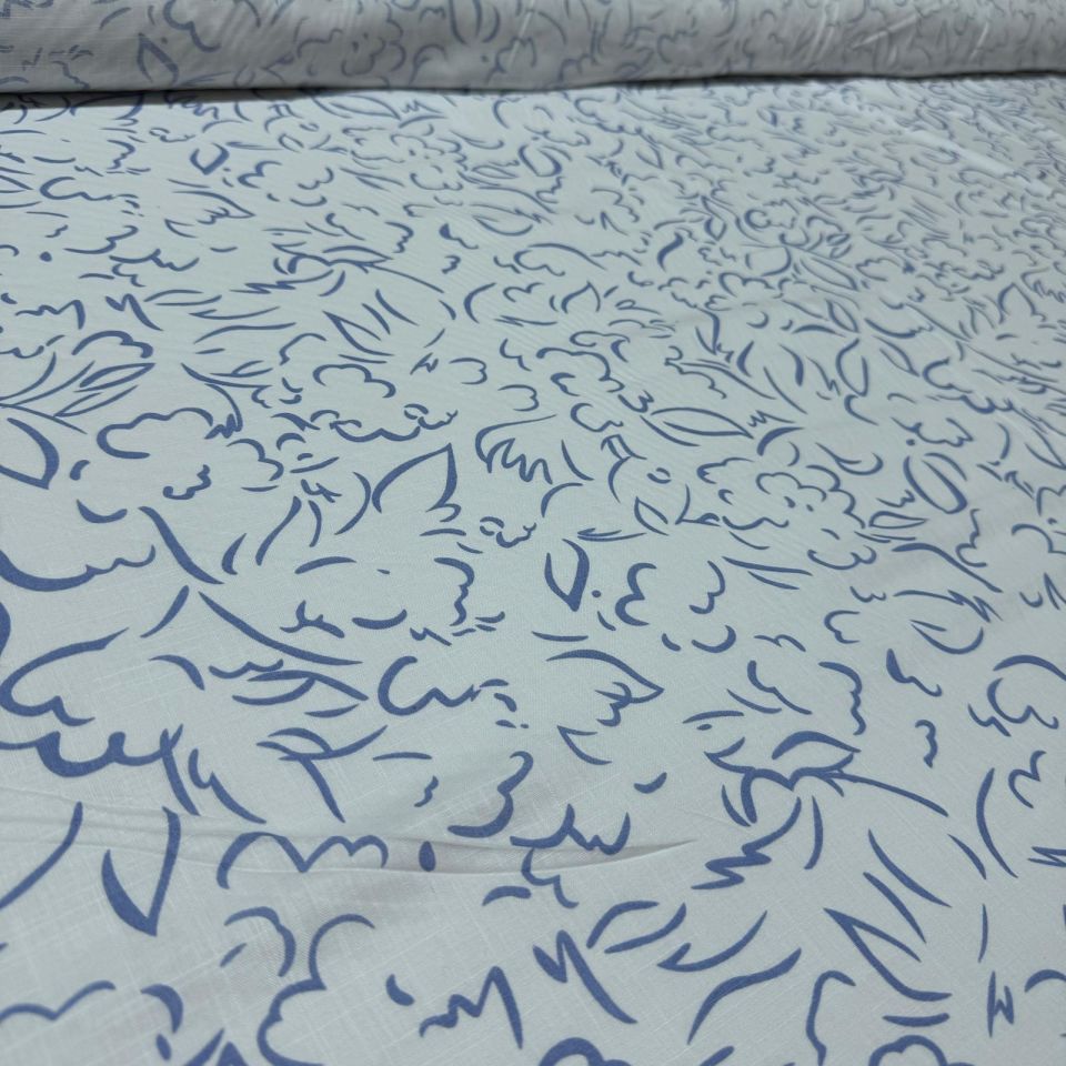 Flam Keten Kumaş %100 Pamuk Çift En Mavi Desenli