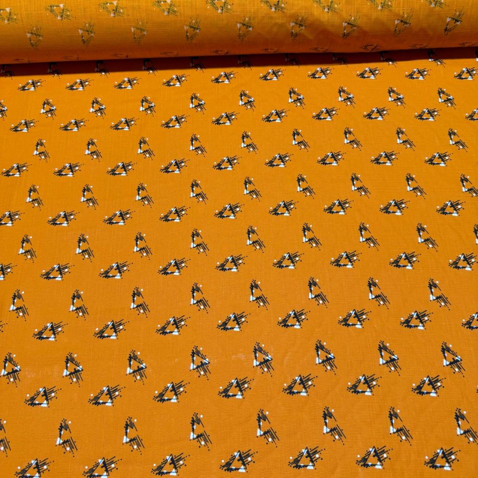 Flam Keten Kumaş %100 Pamuk Çift En Turuncu Desenli