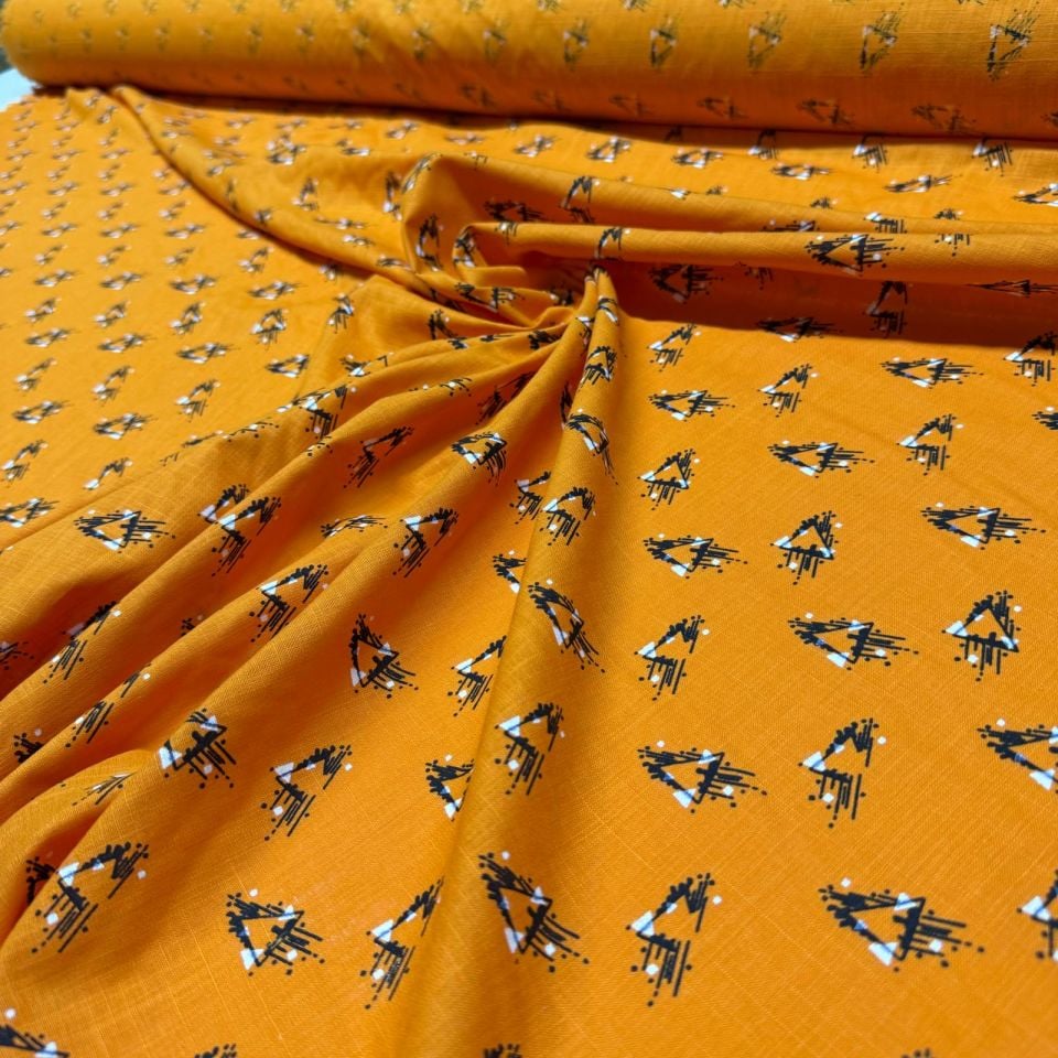 Flam Keten Kumaş %100 Pamuk Çift En Turuncu Desenli