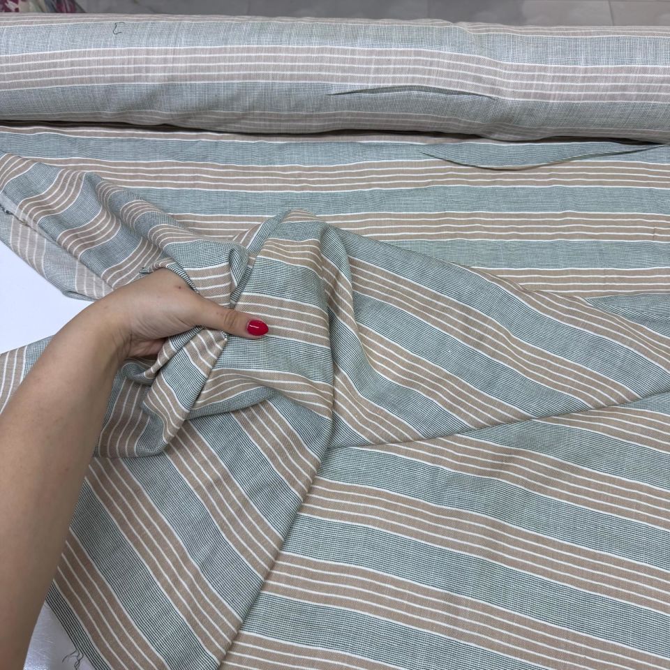 Keten Kumaş Enine Çizgi Haki Renk Çift En %100 Pamuk