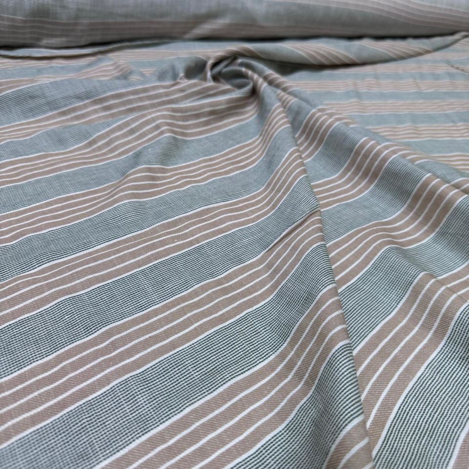 Keten Kumaş Enine Çizgi Haki Renk Çift En %100 Pamuk