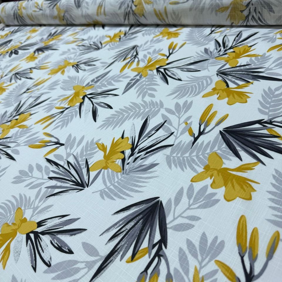 Flam Keten Kumaş %100 Pamuk Sarı Çiçek Yaprak Desenli Çift En