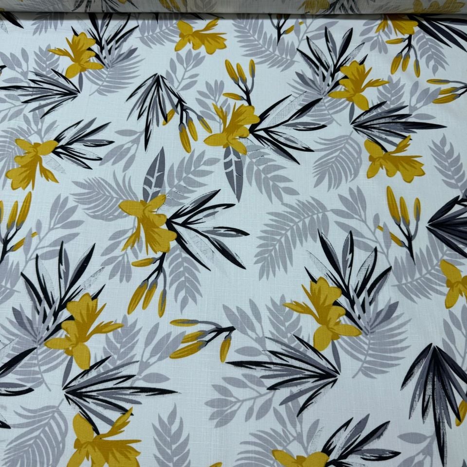 Flam Keten Kumaş %100 Pamuk Sarı Çiçek Yaprak Desenli Çift En