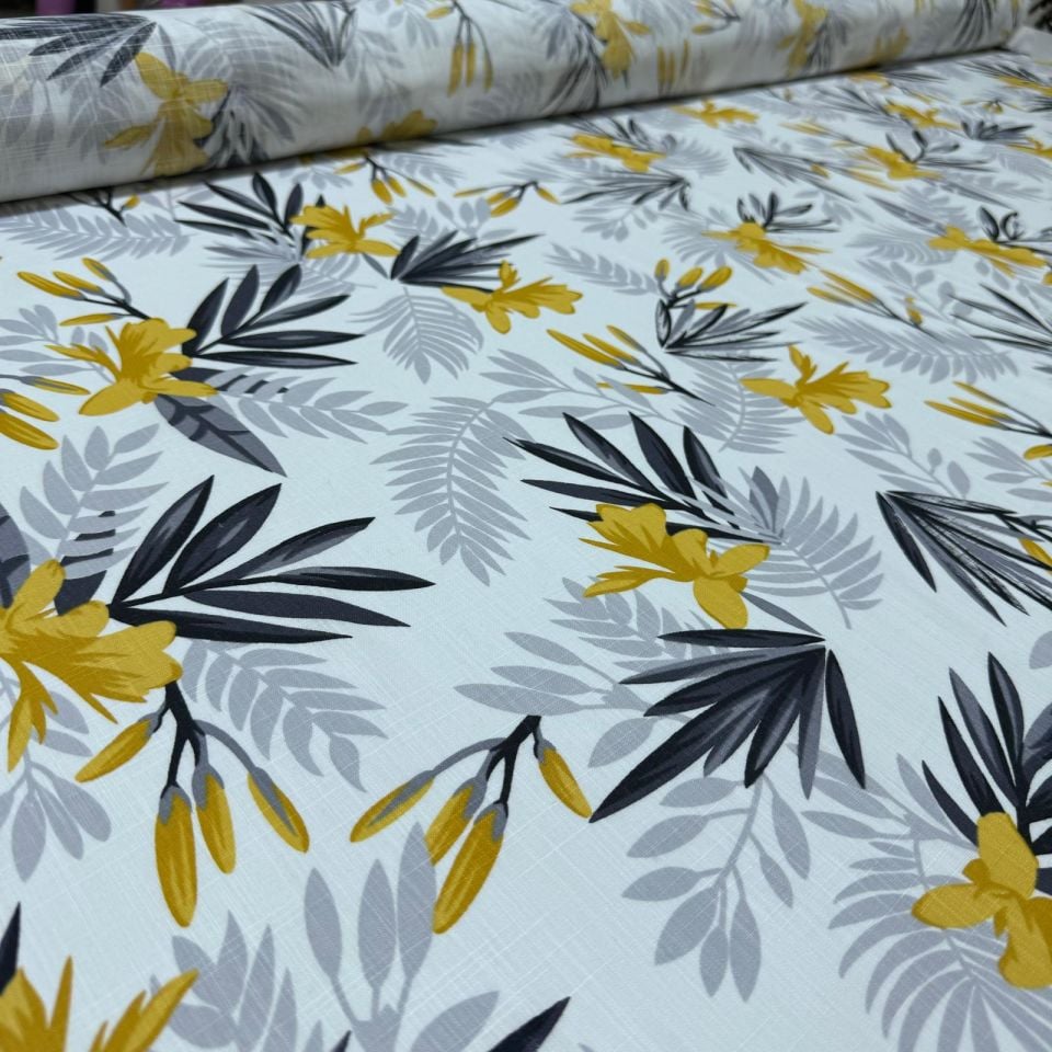 Flam Keten Kumaş %100 Pamuk Sarı Çiçek Yaprak Desenli Çift En