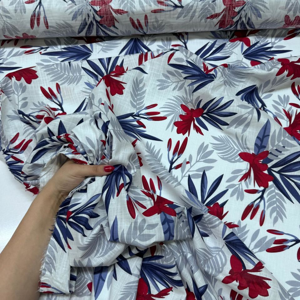 Flam Keten Kumaş %100 Pamuk Çift En Bordo Çiçek Yaprak Desenli