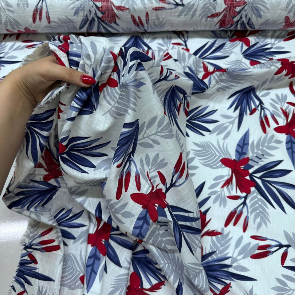 Flam Keten Kumaş %100 Pamuk Çift En Bordo Çiçek Yaprak Desenli