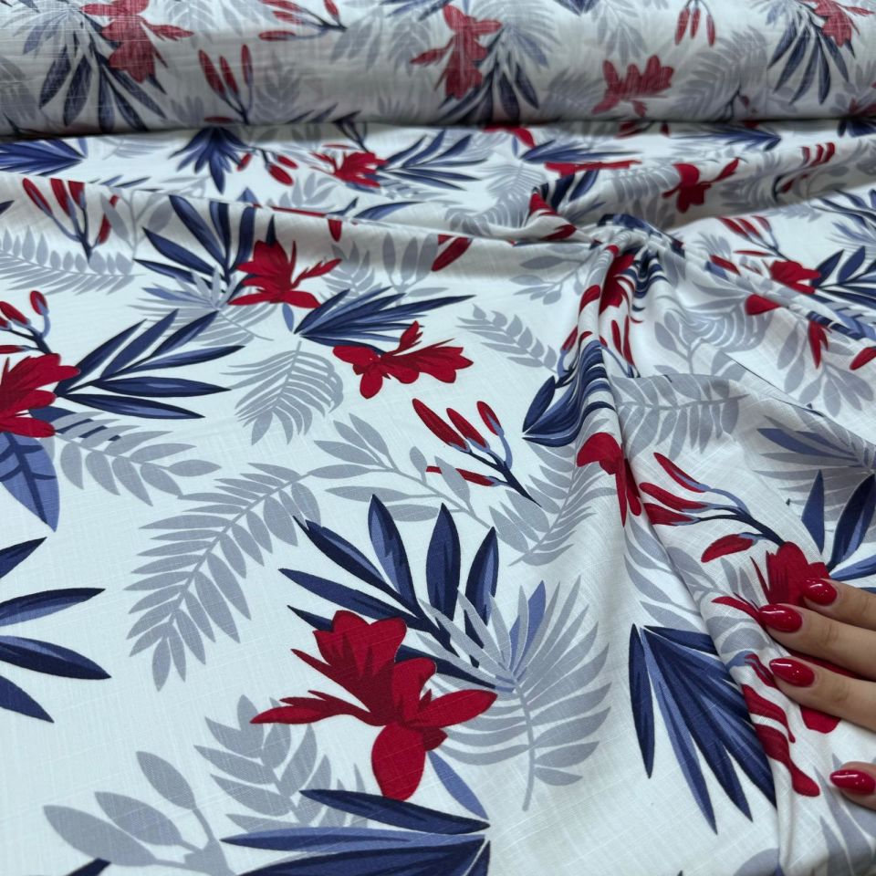 Flam Keten Kumaş %100 Pamuk Çift En Bordo Çiçek Yaprak Desenli