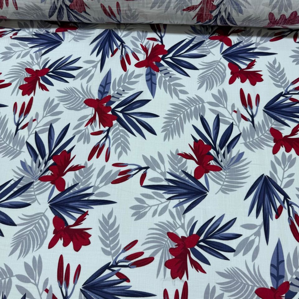 Flam Keten Kumaş %100 Pamuk Çift En Bordo Çiçek Yaprak Desenli