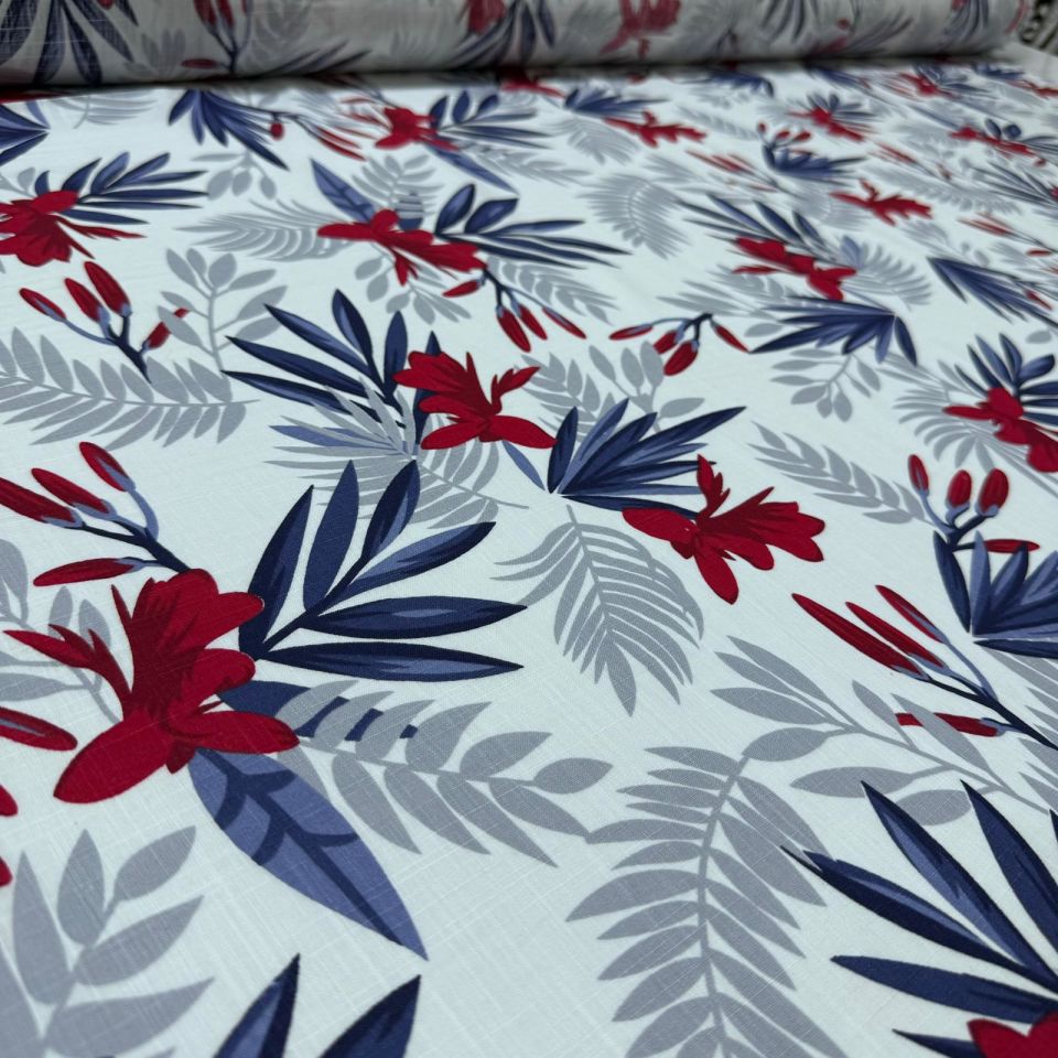 Flam Keten Kumaş %100 Pamuk Çift En Bordo Çiçek Yaprak Desenli