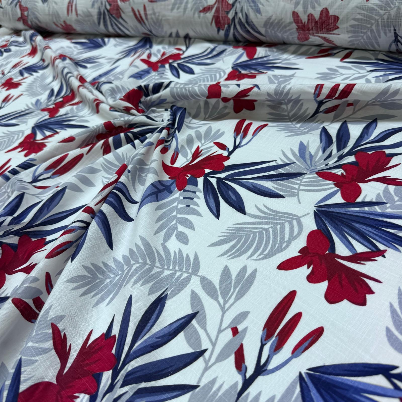 Flam Keten Kumaş %100 Pamuk Çift En Bordo Çiçek Yaprak Desenli