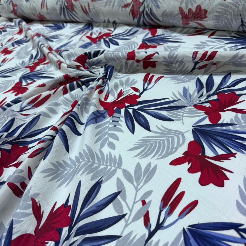 Flam Keten Kumaş %100 Pamuk Çift En Bordo Çiçek Yaprak Desenli