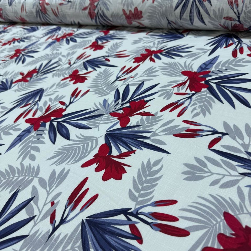 Flam Keten Kumaş %100 Pamuk Çift En Bordo Çiçek Yaprak Desenli