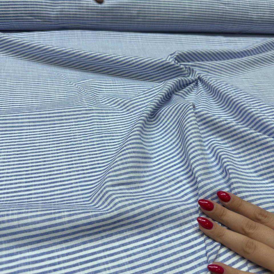 Flam Keten Kumaş %100 Pamuk Çift En Mavi Renk Enine Çizgili