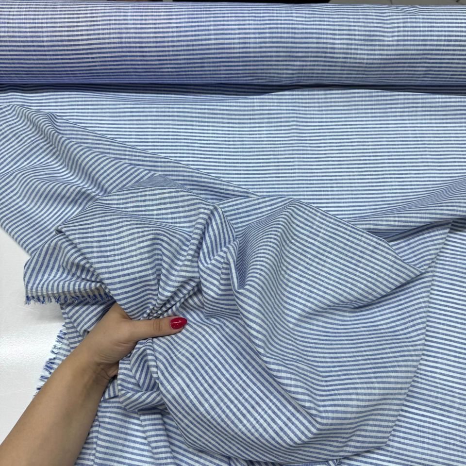 Flam Keten Kumaş %100 Pamuk Çift En Mavi Renk Enine Çizgili