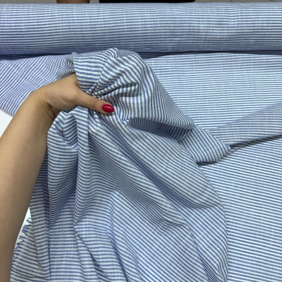 Flam Keten Kumaş %100 Pamuk Çift En Mavi Renk Enine Çizgili