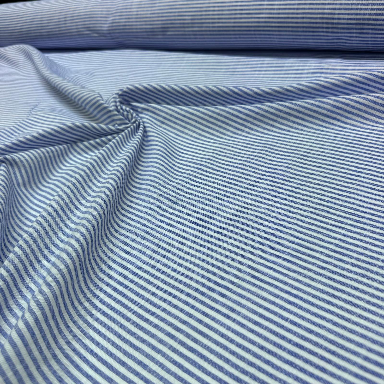 Flam Keten Kumaş %100 Pamuk Çift En Mavi Renk Enine Çizgili