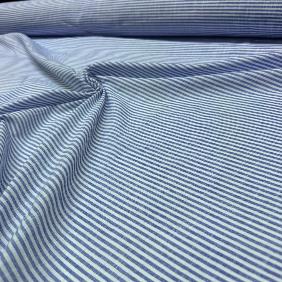 Flam Keten Kumaş %100 Pamuk Çift En Mavi Renk Enine Çizgili