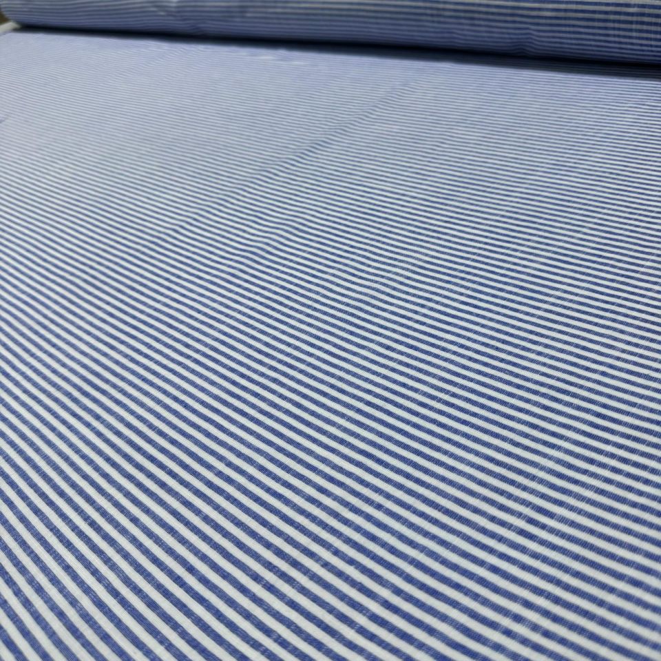 Flam Keten Kumaş %100 Pamuk Çift En Mavi Renk Enine Çizgili
