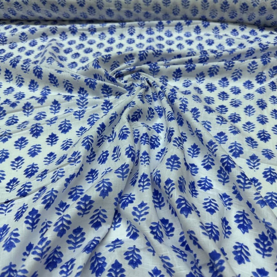 Flam Keten Kumaş %100 Pamuk Çift En Mavi Çiçek Desenli