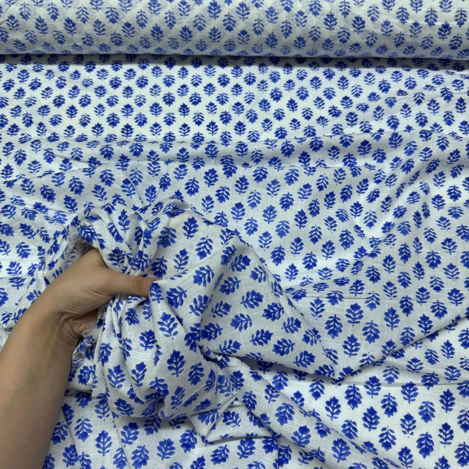 Flam Keten Kumaş %100 Pamuk Çift En Mavi Çiçek Desenli