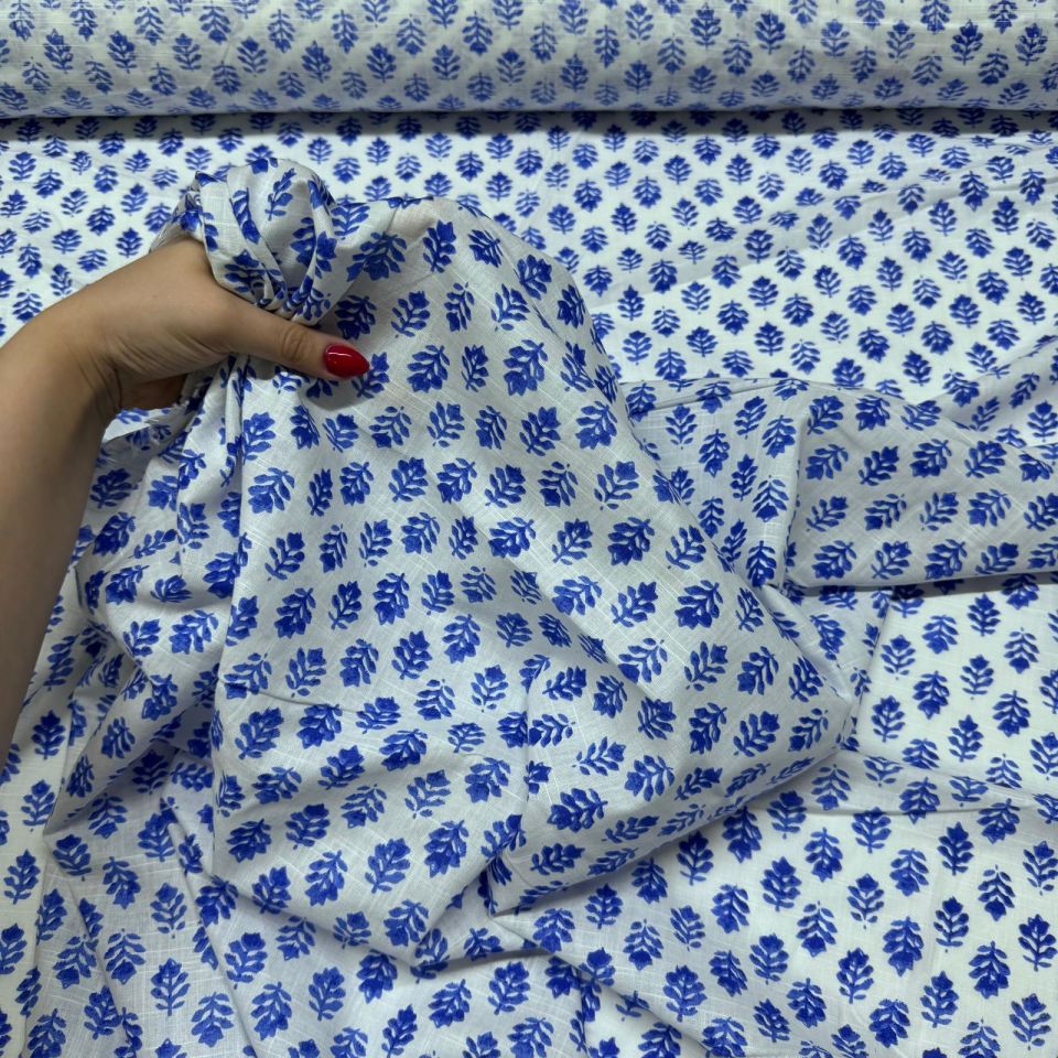 Flam Keten Kumaş %100 Pamuk Çift En Mavi Çiçek Desenli