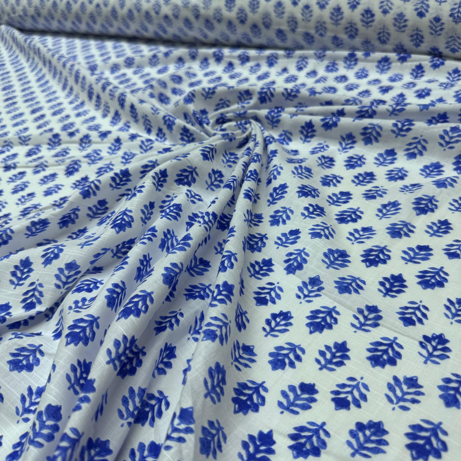 Flam Keten Kumaş %100 Pamuk Çift En Mavi Çiçek Desenli