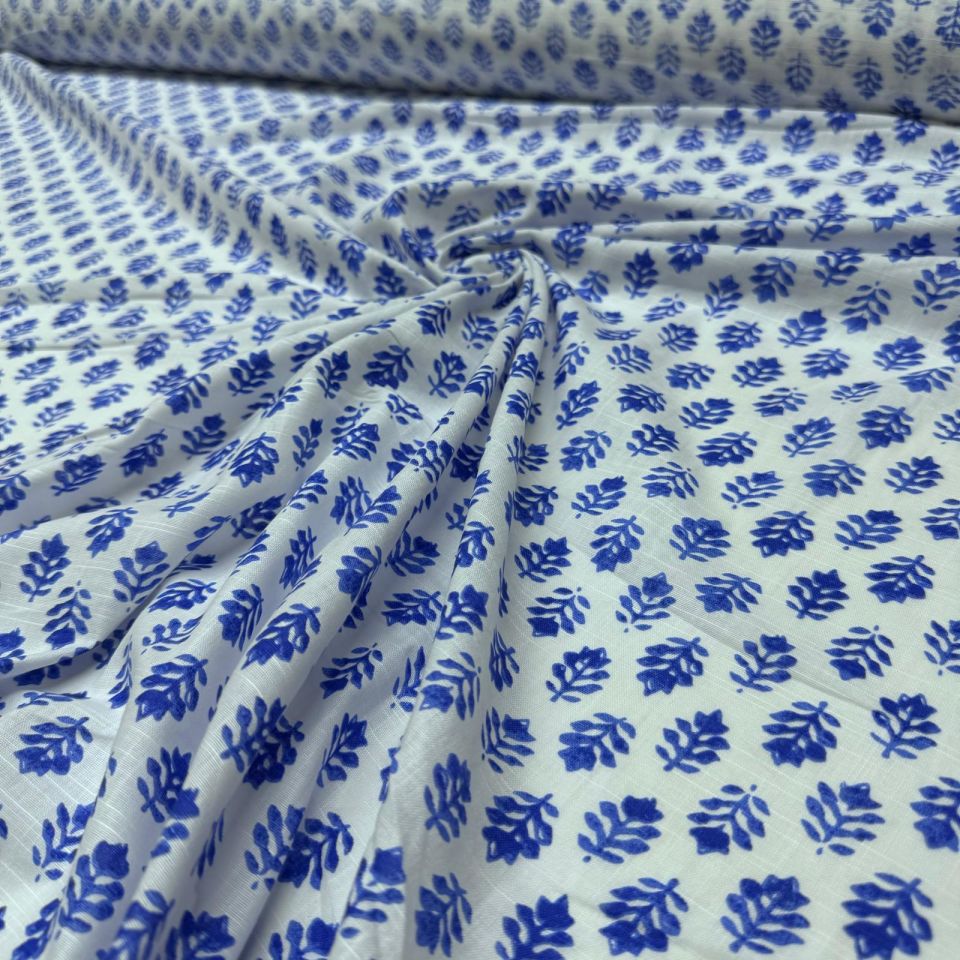Flam Keten Kumaş %100 Pamuk Çift En Mavi Çiçek Desenli