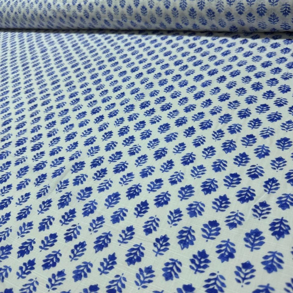 Flam Keten Kumaş %100 Pamuk Çift En Mavi Çiçek Desenli
