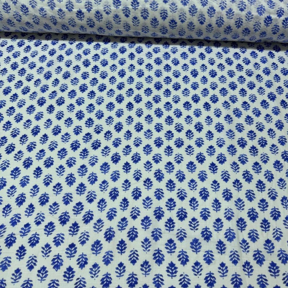 Flam Keten Kumaş %100 Pamuk Çift En Mavi Çiçek Desenli