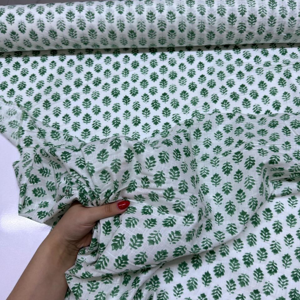 Flam Keten Kumaş %100 Pamuk Çift En Yeşil Çiçek Desenli