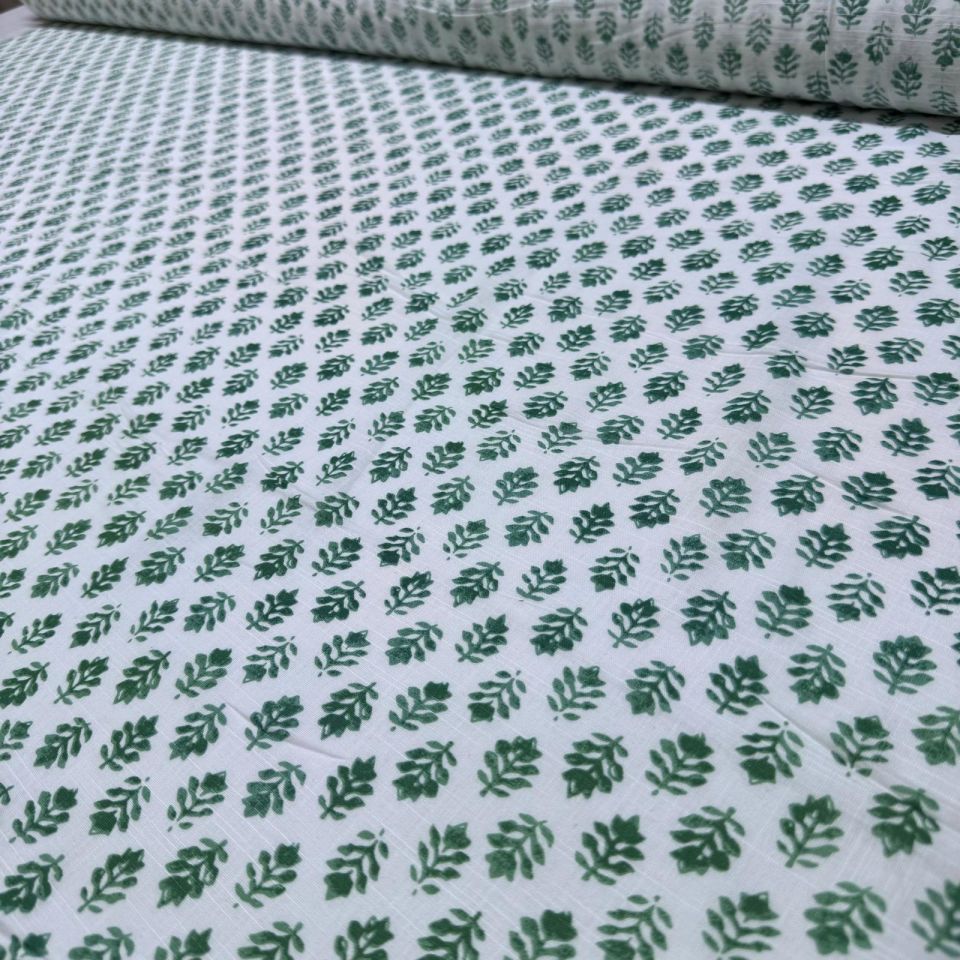 Flam Keten Kumaş %100 Pamuk Çift En Yeşil Çiçek Desenli